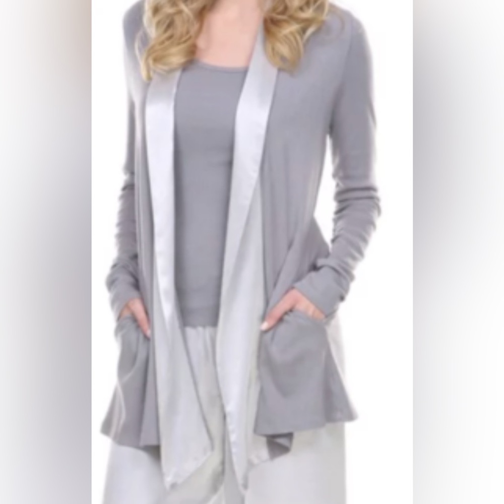 PJ Harlow Shelby Rib Knit Open Front Cardigan Sweater Satin Trim Gypsycore XS